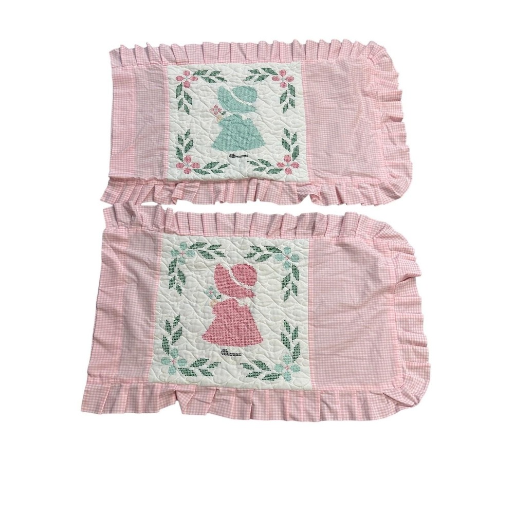 Pink Gingham Embroidered Standard Pillow‎ Shams Ruffled Girl in Dress